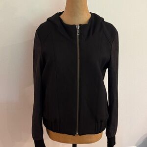 Helmut Lang sz M Black Bomber Jacket leather sleeves, wool blend, hooded zip up